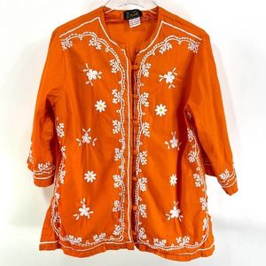 90s KAIL Vintage Orange Cotton Floral Embroidered Button Up Blouse